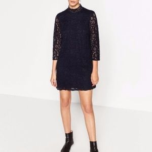 Zara Lace Dark Blue High Neck Dress Medium